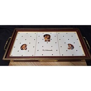 Vintage M.J. Hummel Wooden Serving Tray Brass Handles Ceramic Tiles Umbrella Boy